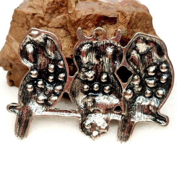 Owls On A Branch Pendant Charm Bale AB Rhinestones Silver Tone - Picture 2 of 5